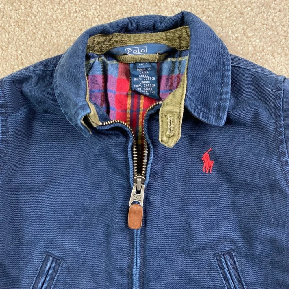 Polo Ralph Lauren Toddler Navy Blue Plaid Lined Harrington Jacket 12M Red Pony